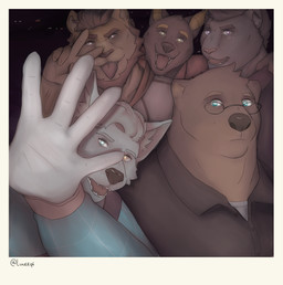 anthro clothing facial_hair fur glistening glistening_eyes group hand_covering_face male multicolored_body multicolored_fur polaroid_photo smile tongue tongue_out luner96_(artist) canid canine canis felid lion mammal pantherine wolf absurd_res character_request hi_res
