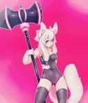 anthro biped breasts camel_toe cleavage clothed clothing female fur hammer heart_eyes heart_symbol inner_ear_fluff legwear pink_background pink_body pink_fur simple_background solo standing tools tuft weapon zamzi biju_(chocoteenie) canid canine fox mammal digital_media_(artwork) hi_res portrait three-quarter_portrait