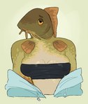 anthro barbel_(anatomy) bare_shoulders black_clothing black_topwear breasts brown_body cleavage clothed clothing eyebrows female fin gills green_body head_fin non-mammal_breasts simple_background skimpy smile solo topwear tube_top kewpiekills carp cyprinid cypriniform fish marine bust_portrait digital_media_(artwork) hi_res portrait signature