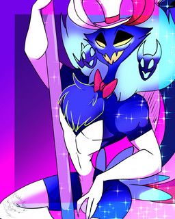 armwear blue_body bow_tie chest_tuft clothing empty_eyes legwear leotard looking_at_viewer male open_mouth outline pole red_bow_tie solo thigh_highs tuft white_armwear white_clothing white_legwear white_thigh_highs yellow_eyes kodoukat hellaverse helluva_boss asmodeus_(helluva_boss) demon 2022 4:5 absurd_res digital_media_(artwork) hi_res