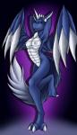 anthro biped blue_body blue_eyes blue_skin breasts claws feathered_wings feathers feet female fluffy fluffy_tail genitals hands_behind_head horn looking_at_viewer navel nipples non-mammal_breasts non-mammal_nipples nude open_mouth purple_background pussy raised_leg simple_background solo standing tail toe_claws toes tongue wings kurtassclear activision mythology skylanders whirlwind_(skylanders) dragon equid equine feathered_dragon feathered_scalie hybrid mammal mythological_creature mythological_equine mythological_scalie scalie unicorn hi_res