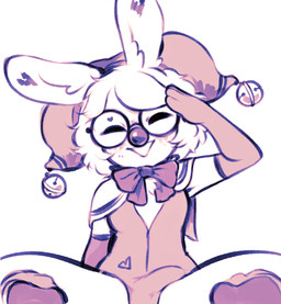 anthro bell bow_ribbon bulge chest_tuft clothing clown_nose detailed_bulge erection eyes_closed eyewear fool's_hat genital_outline glasses hat headgear headwear jester long_ears open_mouth penis_outline simple_background tuft bestfriendforever besty_(character) lagomorph leporid mammal rabbit 2026 nonbinary_(lore)