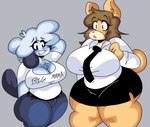 anthro big_breasts blue_body blue_fur blush bottomwear breasts chest_tuft cleavage clothed clothing duo female fur furgonomics grey_background mature_female miniskirt necktie pencil_skirt shirt simple_background skirt tail tail_through_skirt text text_on_clothing text_on_shirt text_on_t-shirt text_on_topwear thick_thighs topwear tuft lewd_dorky debbie_(lewd_dorky) june_(jinu) canid canine canis domestic_dog mammal shiba_inu spitz hi_res