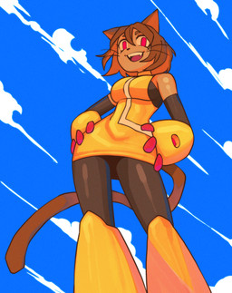 anthro breasts clothed clothing cloud dress female hands_on_hips leggings legwear looking_at_viewer outside sky smile solo standing tail ekajpalm gameoverse glitch_productions kit_bodega domestic_cat felid feline felis mammal absurd_res hi_res