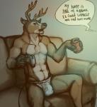2012 anthro antlers beverage briefs bulge clothed clothing controller deer detailed_bulge dialogue digital_media_(artwork) english_text game_controller genital_outline horn male mammal penis_outline soda solo speech_bubble suck_mcjones text topless underwear