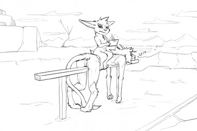 anthro bottomless bottomless_anthro bottomless_female butt casual_exposure casual_nudity clothed clothing detailed_background duo feet female fingers fur genitals hair holding_note_pad holding_object holding_writing_utensil horn lying note_pad nude on_front outside shirt shirt_only sitting sitting_on_another sitting_on_back size_difference tail tank_top tank_top_only toes topwear topwear_only vulva writing_utensil zafara_(artist) fate_(zafara) taski_(zafara) alien bovid caprine caprine_demon demon evros goat goat_demon mammal digital_media_(artwork) hi_res monochrome sketch