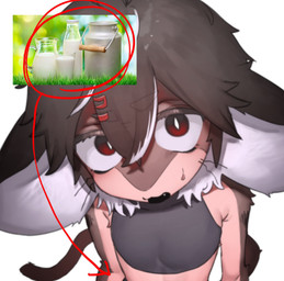 accessory ambiguous_gender anthro bangs big_ears black_clothing black_crop_top black_eyes black_shirt black_topwear bodily_fluids brown_body brown_fur brown_hair brown_tail circled clothing countershade_face countershade_torso countershading crop_top cute_fangs directional_arrow eyebrow_through_hair eyebrows fangs front_view fur hair hair_accessory hairclip high-angle_view kemono looking_at_viewer messy_hair milk multicolored_eyes multicolored_hair open_mouth pupils red_circle red_eyes shirt simple_background slit_pupils solo sweat sweatdrop tail tan_body tan_fur teeth topwear translucent translucent_hair whiskers white_background white_hair white_pupils eitirou12345 mammal hi_res meme male_(lore)