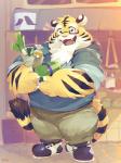 anthro blush bottomwear clothing cute_fangs detailed_background eyewear fangs food glasses hoodie humanoid_hands overweight overweight_anthro pants solo teeth topwear toomiro felid mammal pantherine tiger 2019 3:4 hi_res