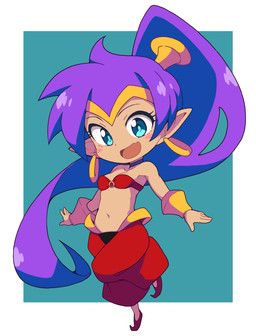 blue_eyes breasts chibi clothing ear_piercing ear_ring female hair humanoid_pointy_ears jewelry long_hair looking_at_viewer navel not_furry open_mouth open_smile piercing pointy_ears ponytail purple_hair ring_piercing simple_background smile solo yokoyoko468b shantae_(series) wayforward shantae genie humanoid absurd_res hi_res