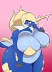 anthro big_breasts biped blue_body blush breasts cleavage clothed clothing female heart_symbol huge_breasts navel open_mouth open_smile orange_eyes simple_background smile solo drahati7 nintendo pokemon generation_5_pokemon pokemon_(species) samurott hi_res