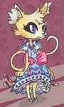 anthro blue_clothing blue_dress clothed clothed_anthro clothed_female clothing dress female fur pink_bow solo yellow_body yellow_fur naircat domestic_cat felid feline felis mammal 2014 3:5 digital_drawing_(artwork) digital_media_(artwork)