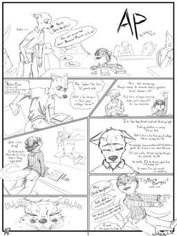 age_difference anthro bow_tie clothed clothing collared_shirt college college_student dialogue dress_shirt duo eyewear fur glasses hair male male/male nerd open_mouth profanity school shirt smile speech_bubble tail teeth text topwear wearing_glasses young young_anthro young_male wintersink canid canine canis mammal mustelid otter wolf 3:4 absurd_res comic digital_media_(artwork) english_text hi_res monochrome