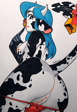 accessory animal_print anthro blue_eyes blue_hair bodily_fluids bow_(feature) bow_accessory bow_ribbon breasts butt clothed clothing cow_print cowbell dripping facial_piercing female furgonomics genital_fluids genitals hair heart_eyes heart_symbol horn looking_at_viewer looking_back low-angle_view nipple_piercing nipple_ring nipples nose_piercing nose_ring panties panties_down partially_clothed piercing presenting presenting_hindquarters raised_tail ribbons ring_piercing solo tail tail_accessory tail_bow tail_ribbon topless underwear underwear_down vaginal_fluid_drip vaginal_fluid_string vaginal_fluids vulva puffinza brenda_(puffinza) bovid bovine cattle dairy_cattle holstein_friesian_cattle hybrid mammal hi_res signature