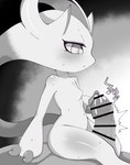 anthro biped blush bodily_fluids censor_bar cum duo erection female genital_fluids genitals heart_symbol ineffective_censorship male penis sweat text himimi nintendo pokemon generation_6_pokemon legendary_pokemon mega_evolution mega_mewtwo mega_mewtwo_y pokemon_(species) censored hi_res japanese_text monochrome