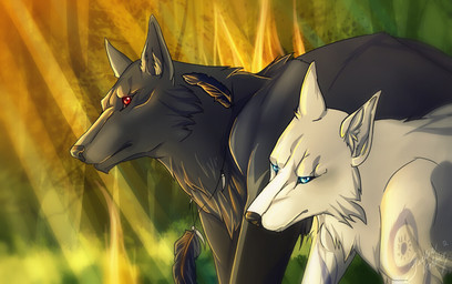 black_body black_fur black_hair black_nose blue_eyes fur hair red_eyes white_body white_fur juliagoldfox canid canine canis mammal wolf 2015 digital_media_(artwork)