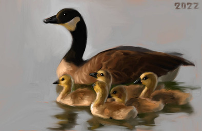 beak black_beak black_eyes black_neck brown_body brown_feathers feathers feral group markings partially_submerged tan_body tan_feathers white_markings young alexpahomov anatid anseriform anserine avian bird canada_goose goose 2022 digital_media_(artwork) digital_painting_(artwork) painting_(artwork)