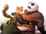 anthro belly big_belly black_body black_nose bottomwear clothing duo kemono male overweight overweight_male pants shirt sitting topwear white_body oaks16 ailurid bear giant_panda mammal red_panda 2013