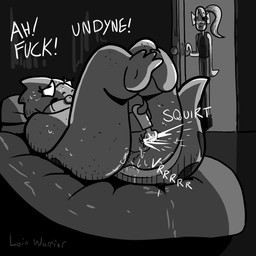 anthro bed bodily_fluids cum duo ejaculation eyewear female furniture genital_fluids genitals glasses masturbation nipples overweight overweight_female profanity sex_toy squirting_cum sweat text vaginal_fluids vaginal_squirting vibrator voyeur vulva yelling loin_warrior undertale_(series) alphys undyne aquatic dinosaur fish prehistoric_species reptile scalie 1:1 absurd_res english_text hi_res monochrome