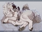 anthro black_claws brown_body brown_fur brown_hair chest_tuft claws cuddling duo female feral fur grey_body grey_fur grey_pawpads hair male male/female pawpads size_difference tuft white_body white_fur korka korka_(character) canid canine canis mammal wolf hi_res