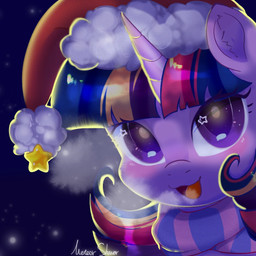 breath christmas_clothing christmas_headwear clothing female feral hat headgear headwear holidays horn looking_at_viewer night santa_hat scarf smile smiling_at_viewer solo steam meteor_s christmas friendship_is_magic hasbro my_little_pony mythology twilight_sparkle_(mlp) equid equine mammal mythological_creature mythological_equine unicorn 1:1