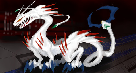 ambiguous_gender big_teeth fangs open_mouth outside red_spikes solo standing teeth white_body kagura_0471 species_request 2021 hi_res