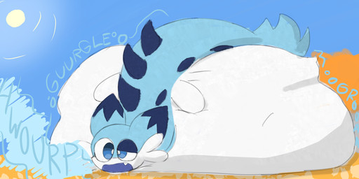 ambiguous_gender blue_body blue_eyes blue_mouth blue_scales blue_sky blue_text burping countershade_face countershade_neck countershade_torso countershading day digestion fatal_vore featureless_hands feral feral_pred gurgle_(sound_effect) imminent_death immobile larger_pred mass_vore multiple_prey one_eye_half-closed open_mouth outside pupils rumbling_stomach sand scales size_difference sky snaggle_tooth solo sun text tuft unseen_prey vore white_body white_countershading white_pupils white_tuft meosporin palworld pocketpair chillet pal_(species) 2024 absurd_res english_text hi_res
