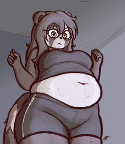 anthro athletic_wear belly big_belly big_breasts big_tail biped bottomwear bra breasts clothing eyewear female fur fur_markings glasses green_eyes gym_bottomwear gym_shorts hair huge_belly long_hair love_handles low-angle_view markings muffin_top navel overweight overweight_anthro overweight_female shorts solo sports_bra tail thick_thighs underwear wearing_glasses wide_hips pabord ritsuko_(pabord) bear giant_panda mammal 2026 absurd_res digital_drawing_(artwork) digital_media_(artwork) hi_res signature