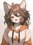 :3 anthro bangs black_nose brown_ears brown_hair brown_nose chest_tuft clothed clothing drawstring eyeshadow female female_anthro front_view fully_clothed fur hair hoodie inner_ear_fluff kemono looking_at_viewer makeup monotone_body monotone_fur monotone_hair orange_clothing orange_eyes orange_eyeshadow orange_hoodie orange_topwear short_hair side_bangs simple_background smile solo topwear tuft two_tone_hoodie white_background white_body white_clothing white_fur white_hoodie white_inner_ear white_inner_ear_fluff white_topwear tomotiso2k felid feline mammal 2023 absurd_res cel_shading digital_drawing_(artwork) digital_media_(artwork) half-length_portrait hi_res portrait shaded signature