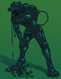 abs anthro back_wings balls black_cum black_latex black_liquid bodily_fluids bound claws clothing colored_cum cum digitigrade dripping drooling encasement erection eyeless fangs foreskin genital_fluids genitals gimp_suit hands_on_knees hands_on_legs horn latex latex_clothing latex_skinsuit liquid_latex male muscular muscular_male navel open_mouth pecs penis puddle saliva skinsuit solo spade_tail standing tail teeth tight_clothing unusual_bodily_fluids unusual_cum unusual_genital_fluids wings a_guy_somewhere ambiguous_species canid canine mammal hi_res
