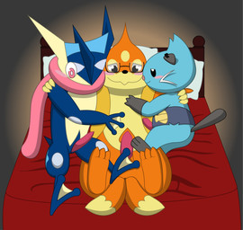 2_tails 2_toes 3_toes arm_around_shoulders bed blush erection eyewear feet furniture genitals glasses group hug male male/male multi_tail penis pillow rectangular_glasses scarf shell simple_background tail toes trio reggie_rakun nintendo pokemon dewott floatzel generation_4_pokemon generation_5_pokemon generation_6_pokemon greninja pokemon_(species) 2023 absurd_res cel_shading hi_res shaded simple_shading