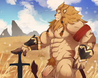 abs anthro armband armor armwear back_scar balls black_claws brown_body brown_fur brown_hair claws clothing day detailed_background foreskin fur genitals grass_field hair humanoid_genitalia humanoid_penis long_tail male mane melee_weapon muscular muscular_anthro outside pecs penis pubes scar solo standing sword tail tan_body tan_fur tuft vein veiny_penis weapon drawreshi afk_arena afk_journey lilith_games brutus_(afk_arena) felid feline lion mammal pantherine absurd_res hi_res