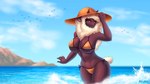 5_fingers anthro beach big_breasts bikini black_body black_fur breasts clothed clothing curvy_figure exposure_variation female fingers fur hat headgear headwear horn looking_at_viewer markings mole_(marking) mouthless nipple_outline orange_clothing orange_swimwear sea seaside solo summer swimwear two-piece_swimsuit water wool_(fur) raychell amaverse xalda_(shg_ver.) bovid caprine mammal sheep werecaprine werecreature weresheep 16:9 absurd_res hi_res widescreen