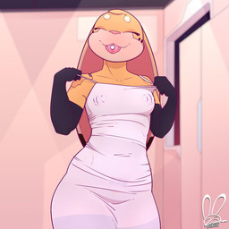 anthro clothing female machine nipple_outline nipple_piercing nipples piercing solo thick_thighs tongue tongue_out tongue_piercing translucent translucent_clothing bunnysinfull bunn-e naught_joe lagomorph leporid mammal rabbit robot robot_anthro 1:1
