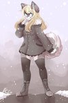 anthro blonde_hair blue_eyes boots clothing female footwear hair jacket legwear looking_aside shoes smile snow solo standing stockings topwear anakoluth alina_(anakoluth) canid canine canis domestic_dog husky mammal nordic_sled_dog spitz 2018 hi_res