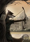 anthro arrow_(weapon) belt bow_(weapon) building castle church city city_background clothed clothing dipstick_tail fluffy fluffy_tail fur grass green_clothing hat headgear headwear house male markings medieval medieval_architecture money_bag multicolored_tail open_mouth orange_body orange_fur outside plant poster ranged_weapon river romanesque_architecture rope solo sunset tail tail_markings tree tudor weapon white_body white_fur white_tail_tip poker_(artist) disney robin_hood_(disney) canid canine fox mammal red_fox true_fox absurd_res hi_res