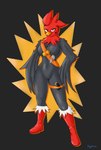 anthro beak black_body black_feathers boots breasts clothing explosives feathers featureless_breasts featureless_crotch female footwear front_view grenade looking_at_viewer mostly_nude non-mammal_breasts shoes solo standing weapon mangakitsune2 the_pizza_company chick-a-boom chickira_(chick-a-boom) avian bird chicken galliform gallus_(genus) phasianid 2022 full-length_portrait hi_res portrait