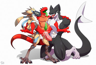 anthro bodily_fluids cum cum_inflation cum_inside gangbang genital_fluids group group_sex inflation male male/male sex trio bere_dolly_art rebal_(malicious) tech_(artdeitech) twill_(towaispirit) aquatic avian bird fish lizard reptile scalie shark absurd_res hi_res
