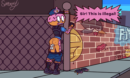 assisted_exposure backsack balls black_boots black_clothing black_footwear black_topwear black_vest blue_bottomwear blue_clothing blue_eyes blue_jeans blue_pants blue_shirt blue_topwear blush blush_lines boots bottomwear bottomwear_down bound brick brick_wall broken_glasses butt chain chained chained_cuffs chained_to_pole clothed clothing cuff_(restraint) denim denim_bottomwear denim_clothing dessert dialogue disembodied_hand disembodied_penis doughnut duo embarrassed exposed eyebrows eyelashes eyewear female fence fingerless_gloves food footwear freckled_butt freckles from_behind_position frown genitals glasses gloves graffiti grey_penis handcuffed handcuffed_to_pole handcuffs handwear hat headgear headwear jeans looking_back looking_down looking_down_at_butt looking_down_at_self male male/female metal_cuffs open_frown open_mouth open_smile pants pants_around_knees pants_down pantsing partially_clothed pastry penetration penis pink_body pointy_speech_bubble police police_officer questionable_consent raised_eyebrow rear_view restraints sex shirt shocked shoes sidewalk smile solo speech_bubble sprinkles standing standing_sex sunglasses tan_body text topwear vaginal vaginal_penetration vest wall_(structure) wide_eyed yelling smokey_the_menish epic_games fortnite the_simpsons bart_simpson constable_sprinkle_(fortnite) meow_skulls food_creature food_humanoid humanoid 2026 5:3 absurd_res english_text hi_res signature