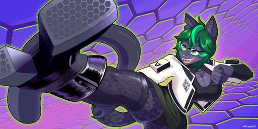 anthro big_breasts black_body black_fur boot_soles boots bottomwear breasts clothing eyewear footwear fur glasses green_eyes green_hair gynomorph hair intersex jacket shoes skirt solo topwear glazedvc glazed_verdant_(glazedvc) felid feline mammal pantherine absurd_res hi_res