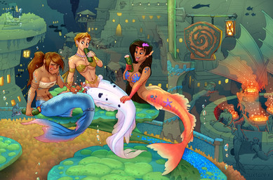 5_fingers architecture arm_support armband athletic athletic_female athletic_humanoid bandeau bare_shoulders big_breasts bikini bikini_top bioluminescence blue_body blue_scales blush boiling_water breasts bubble butt canyon cleavage clothed clothing cooking covering covering_mouth detailed_background ear_fins eating eating_food embarrased_female embarrassed eyebrows eyelashes female female_focus female_humanoid fin fingers fish_meat fish_tail fishnet_clothing food freckles gesture glowing gold_(metal) gold_jewelry group hair hand_on_another hand_on_another's_tail holding_food holding_object humanoid_pointy_ears iris jewelry lamp lantern laugh legless logo long_hair lying male male_humanoid marketplace meat melee_weapon mermaid_tail midriff mosaic navel on_front orange_body orange_scales ordering_food pasties pointy_ears polearm ponytail pubes pupils ravine sails scales seaweed short_hair sign signpost sitting spit-take split_form stairs starfish_(accessory) suggestive suggestive_gesture swimwear tail tail_fin text tongue topwear trench trident trio_focus two-piece_swimsuit underwater underwater_city underwater_scenery volcano water weapon white_body white_scales window juxtapex arthropod asterozoan barnacle crustacean echinoderm fish humanoid humanoid_merfolk marine maxillopod merfolk sea_sponge starfish artist_logo artist_name hi_res