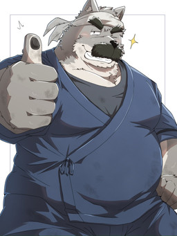 anthro asian_clothing blush clothing east_asian_clothing facial_hair gesture hand_gesture japanese_clothing kemono male mature_male mustache one_eye_closed overweight overweight_male simple_background solo thumbs_up wink emufu canid canine canis domestic_dog mammal 2026 3:4 hi_res