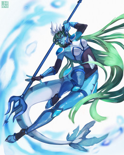 5_fingers anthro armor bangs belly blue_body blue_eyes blue_skin breasts clothing crown feet female fighting_pose fin fingers gauntlets gloves green_hair hair handwear headgear jumping long_hair long_tail looking_at_another melee_weapon navel non-mammal_breasts non-mammal_navel polearm pose simple_background small_breasts solo tail tail_fin toes trident underwater water weapon whitebaloo mythology agua_tidalrift aquatic aquatic_dragon dragon mythological_creature mythological_scalie scalie 4:5 absurd_res hi_res