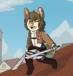 anthro blue_sky boots brown_body brown_boots brown_clothing brown_eyes brown_footwear brown_fur brown_hair brown_jacket brown_topwear clothed clothing cloud cosplay cropped_jacket curled_tail day detailed_background dual_wielding fangs female female_anthro footwear freckles fully_clothed fur hair harness holding_melee_weapon holding_object holding_sword holding_weapon jacket melee_weapon omni-directional_mobility_gear on_roof one_eye_closed open_mouth outside pink_inner_ear pink_nose pink_tongue plantigrade rooftop running sky solo sword tail teeth tongue topwear weapon sebdoggo attack_on_titan canid canine canis domestic_dog mammal shiba_inu spitz 2014 aliasing cel_shading digital_drawing_(artwork) digital_media_(artwork) microsoft_paint_(artwork) shaded