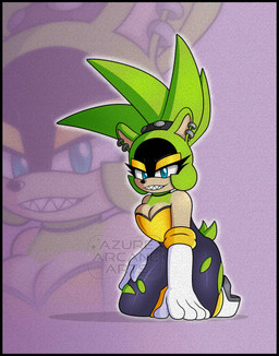 anthro black_border blue_eyes border breasts cleavage clothed clothing cosplay ear_piercing ear_ring eyeshadow female fur gloves green_body green_fur handwear makeup piercing ring_piercing rouge_costume sharp_teeth solo tail teeth yellow_eyeshadow azurearcanearts idw_publishing sega sonic_the_hedgehog_(comics) sonic_the_hedgehog_(idw) sonic_the_hedgehog_(series) rouge_the_bat surge_the_tenrec afrosoricid mammal tenrec 2025 absurd_res hi_res