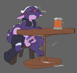 alcohol anthro balls beverage bite biting_lip blush bodily_fluids bottomwear bottomwear_around_one_leg bottomwear_down clothing clothing_around_one_leg cropped_hoodie cum cum_on_table cumshot curling_toes ejaculation exhibitionism eyes_closed eyewear facial_horn feet flagon freckled_face freckled_shoulders freckles furniture genital_fluids genitals glasses horn male masturbation moan multicolored_body nose_horn pants pants_around_one_leg penile penile_masturbation purple_body purple_scales round_glasses scales solo stealth_masturbation stool table tail_spines teeth_showing text two_tone_body ventral_scales zipper slideshowart solace_(amoderaterobo) kobold scalie absurd_res hi_res