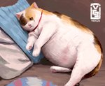 :3 ambiguous_gender beady_eyes bodily_fluids brown_background brown_body brown_fur collar crying feral fur lying markings multicolored_body multicolored_fur nude obese obese_ambiguous obese_feral on_side orange_body orange_fur overweight overweight_ambiguous overweight_feral pawpads pillow red_collar sad simple_background solo spots spotted_body spotted_fur tears white_body white_fur voccu crying_cat draw_me_like_one_of_your_french_girls domestic_cat felid feline felis mammal 2020 hi_res meme signature