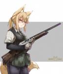 animal_ears blonde_hair blush bottomwear breasts clothed clothing collared_shirt denim denim_bottomwear denim_clothing female fluffy fluffy_tail fox_tail fully_clothed fur gloves gun hair handwear holding_gun holding_object holding_ranged_weapon holding_shotgun holding_weapon inner_ear_fluff jeans long_sleeve_shirt looking_at_viewer pants pattern_clothing pattern_shirt pattern_topwear ponytail ranged_weapon red_eyes reloading shirt shotgun solo standing striped_clothing striped_shirt striped_topwear stripes tail tan_body tan_fur topwear tuft vest weapon ayyh15 beretta animal_humanoid canid canid_humanoid canine canine_humanoid fox_humanoid humanoid mammal mammal_humanoid tailed_humanoid hi_res