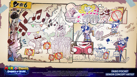 ambiguous_anthro ambiguous_gender anthro black_clothing black_eyebrows black_eyewear black_facial_hair black_hat black_headwear black_mustache black_sunglasses black_trenchcoat blue_bottomwear blue_clothing blue_pants blush blush_lines bodily_fluids bottomwear bow_tie bowler_hat buckteeth button_(fastener) closed_frown clothed clothed_anthro clothed_male clothing cloud copyright_symbol disguise do_not_enter_sign dressing dressing_self dust_cloud eyebrows eyes_closed eyewear eyewear_on_head facial_hair feathered_wings feathers forest freckled_face freckles frown fully_clothed fully_clothed_anthro fully_clothed_male fur grass group hair hat headgear headwear heart_symbol holding_clothing holding_hat holding_headgear holding_headwear holding_object holding_suitcase larger_anthro larger_male long_ears male male_anthro mitten_hands motion_lines mouth_closed multicolored_body musical_note musical_symbol mustache noseless nude_ambiguous nude_anthro number open_mouth open_smile overalls pants pattern_clothing pattern_shirt pattern_topwear pennant_banner plaid plaid_clothing plaid_shirt plaid_topwear plant playing_music playing_tuba puffed_cheeks red_bow_tie red_tongue shirt shirtless_anthro shirtless_male sign sitting sitting_on_ground size_difference sky smaller_ambiguous smaller_anthro smaller_male smile sparkles sparkling_eyes speech_bubble stage standing stilts sunglasses sunglasses_on_head sweat sweatdrop symbol tan_body tan_skin teeth text thinking thought_bubble title tongue tongue_out toothy_smile topwear tree walking white_body white_bottomwear white_clothing white_fur white_hair white_overalls white_pants white_shirt white_sky white_topwear white_wings wings year fabio_pochet mario_bros mario_plus_rabbids_sparks_of_hope nintendo raving_rabbids rayman_(series) ubisoft sweetlopek t.s._woodrow angel lagomorph mammal rabbid 2022 absurd_res artist_name colored comic crossover digital_drawing_(artwork) digital_media_(artwork) english_description english_text hi_res official_art shaded