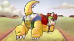 anthro bodily_fluids clothed clothing diaper genital_fluids hair horn male pattern_diaper solo spikes unclean_diaper urine used_diaper watersports wearing_diaper wet_diaper wetting zuago mario_bros nintendo bowser koopa scalie 16:9 widescreen