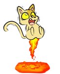 ambiguous_gender anthro burning butt_on_fire fire hand_on_butt lava open_mouth pain raised_tail simple_background solo tail yellow_sclera fifybear domestic_cat felid feline felis mammal